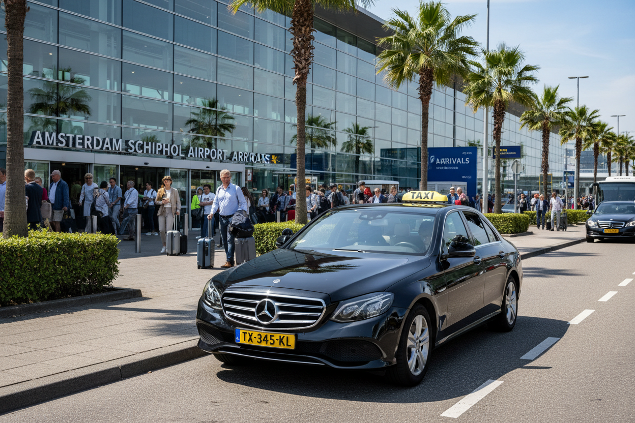 Een zwarte taxibus staat geparkeerd voor de aankomsthal van Amsterdam Airport Schiphol, met op de achtergrond reizigers en palmbomen.