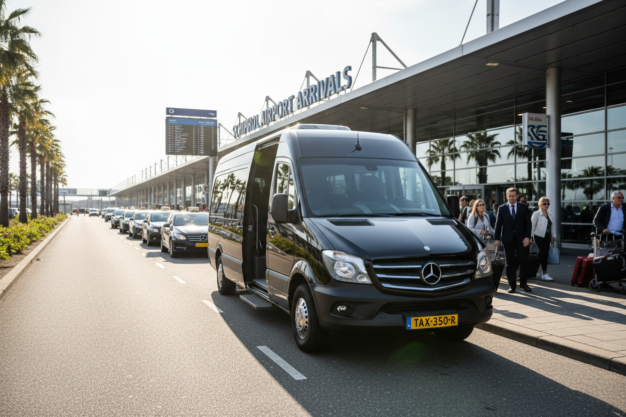 Een zwarte Mercedes-bus staat geparkeerd bij de aankomsthal van een vlieghaven met wachtende passagiers op de stoep.