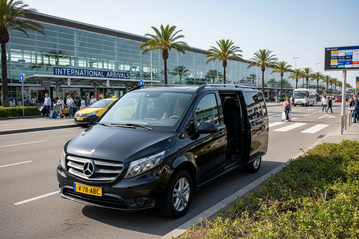 Een zwarte personenbus staat geparkeerd bij de internationale aankomsthal van een vliegveld met de schuifdeur open.